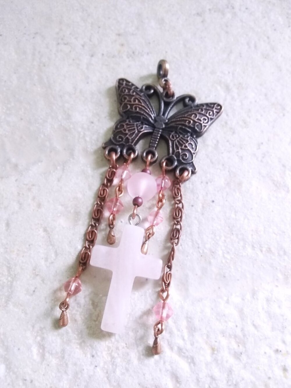 Oh So Girlie! Feminine Butterfly & Pink RoseQuartz Cross Cluster Pendant - OOAK!